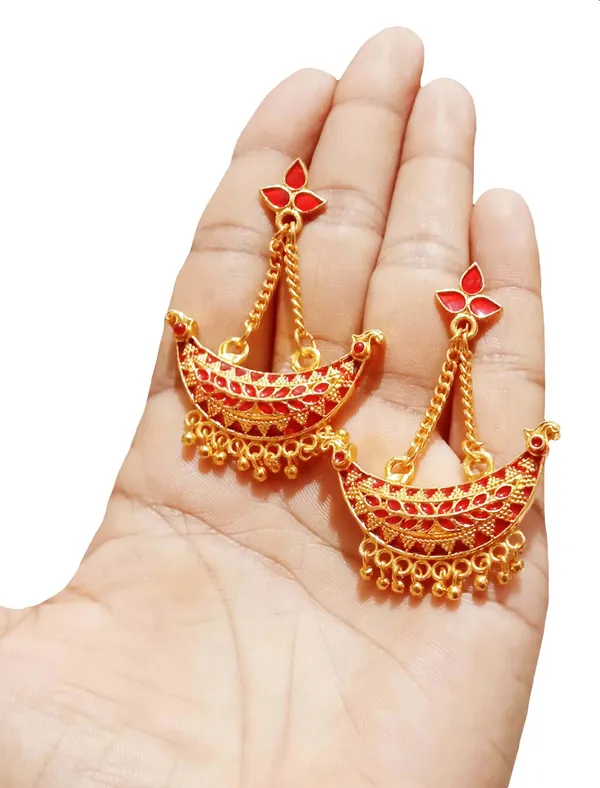 Assamese_Traditional_Copper_Gold_Plated_Red_Colour_Jhumki_Earring_For_Girls_&_Women